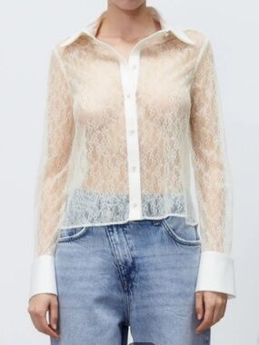 Zara Sheer Lace Button-Down Shirt in Cream
